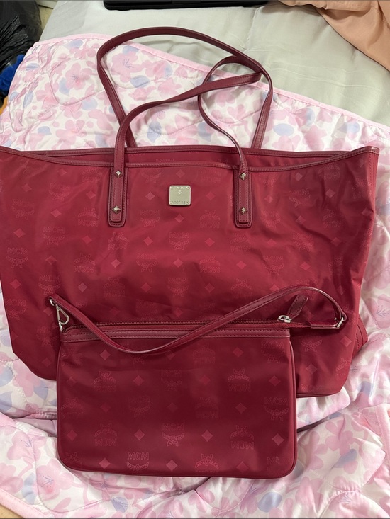 MCM Handbags - MCM Burgundy Logo-Print nylon Tote